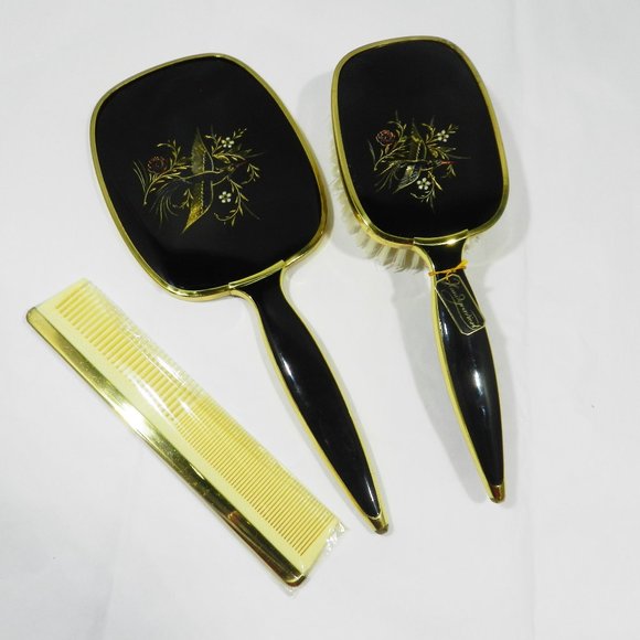Vintage 1960"s Vanity Set, Mirror Brush Comb Hand Carved Design